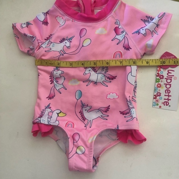 Wippette Baby Girl Unicorn Pink Zip Up Ruffles UPF 50 Swimming Rashguard Sz 0-6M - Picture 6 of 9
